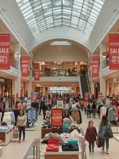 US shopping mall with fashion sale signs and discount banners