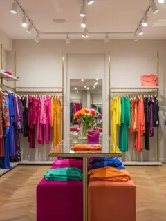 Colorful clothing racks in a modern boutique representing fashion psychology
