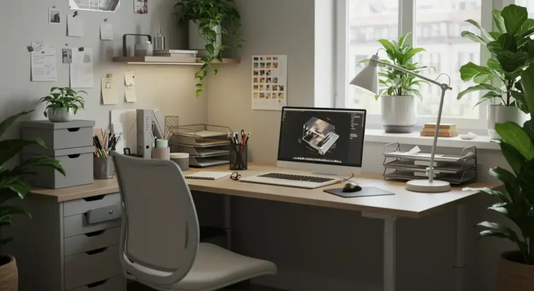 Modern home office workspace with ergonomic furniture and proper lighting