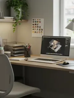 Modern home office workspace with ergonomic furniture and proper lighting