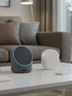 Smart home voice assistant devices including Alexa Echo, Google Nest, and Apple HomePod on a coffee table with smart lighting