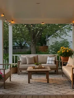 Modern spring porch decor with wooden furniture and flowering plants