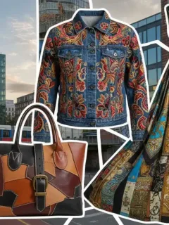 Vibrante Collage aus Upcycling-Modeartikeln in Deutschland, die Kreativität und Nachhaltigkeit für 2026 symbolisiert.
