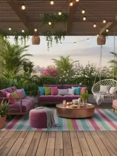 Stylische Sommerliche Outdoor-Dekoration 2026 auf einem Balkon mit Blick auf einen blühenden Garten, inklusive bequemer Möbel und stimmungsvoller Beleuchtung.