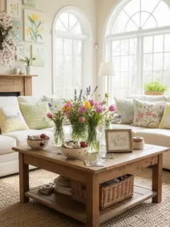 Wohnzimmer mit frühlingshafter DIY-Dekoration und Blumenarrangements