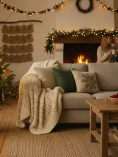 Gemütliches Wohnzimmer mit nachhaltiger Weihnachtsdekoration 2026: Trockenorangen, Holzschmuck und LED-Lichter für ein umweltfreundliches Fest.