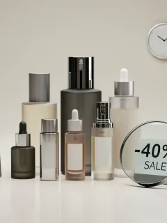 Elegante Anordnung von Luxus-Hautpflegeprodukten mit Fokus auf Preisreduzierung bis 2026.