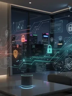 Futuristisches Smart Home mit Fokus auf Datenschutz und Cybersicherheit im Jahr 2026