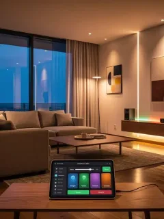 Modernes Smart Home Wohnzimmer mit intelligenter Beleuchtung und Tablet-Steuerung