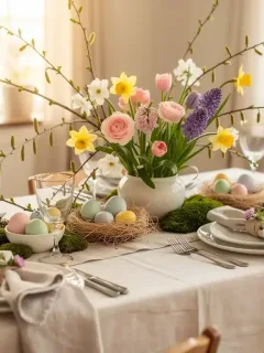 Festlich gedeckter Ostertisch 2026 mit frischen Blumen und pastellfarbenen Eiern