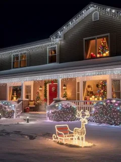 Festlich beleuchtetes Haus mit energieeffizienter Weihnachtsdekoration im Winter