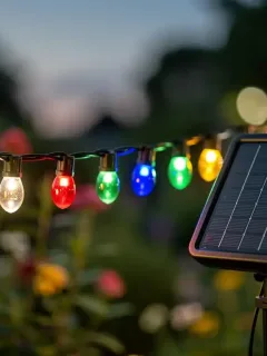 Drei energieeffiziente LED-Sommerlichterketten-Modelle im Vergleich, leuchtend in einem Garten bei Dämmerung.