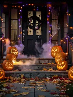 Gruselige und stilvolle Halloween-Veranda-Dekoration mit leuchtenden Kürbissen und Nebel.