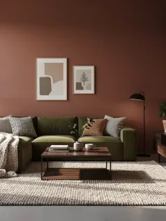 Modernes Wohnzimmer mit tiefen Erdtönen wie Terrakotta-Wänden und olivgrünen Sofas.