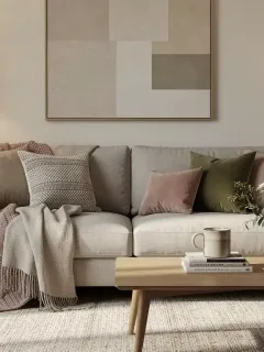 Harmonisch arrangierte Kissen und Decken auf einem Sofa in einem gemütlichen Wohnzimmer.