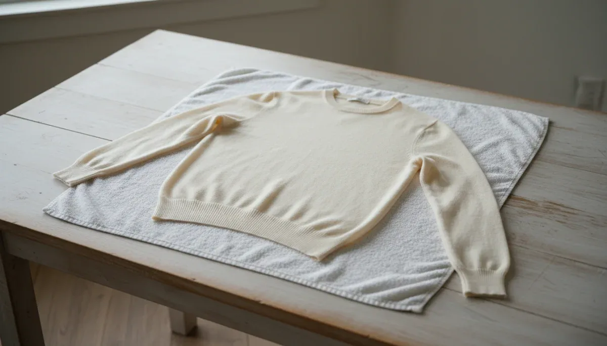 Cashmere sweater laid flat on a towel to air dry