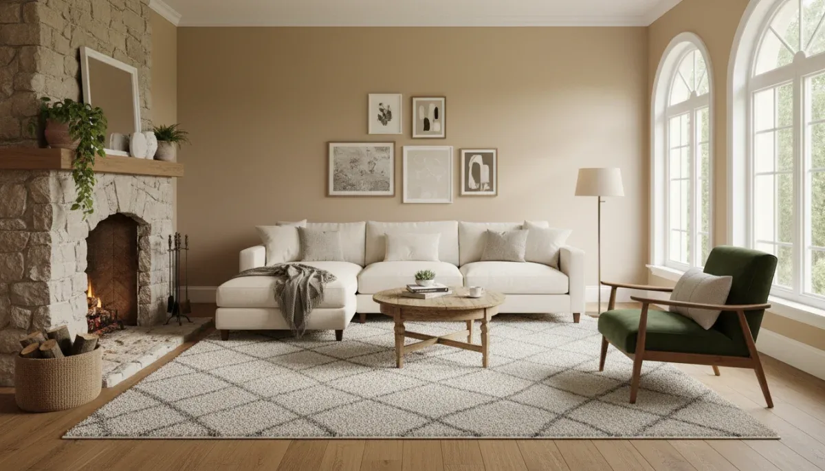 Floating sectional sofa and accent chair arranged around an asymmetrical fireplace