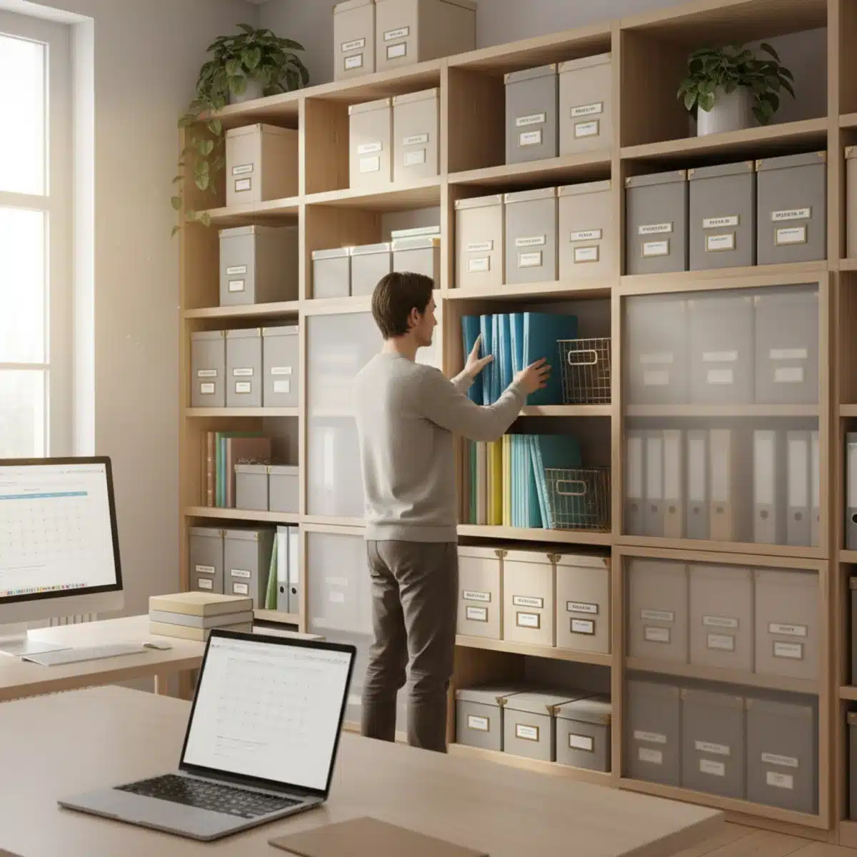 Organisationssystem im Arbeitszimmer mit beschrifteten Regalen und Ablagen