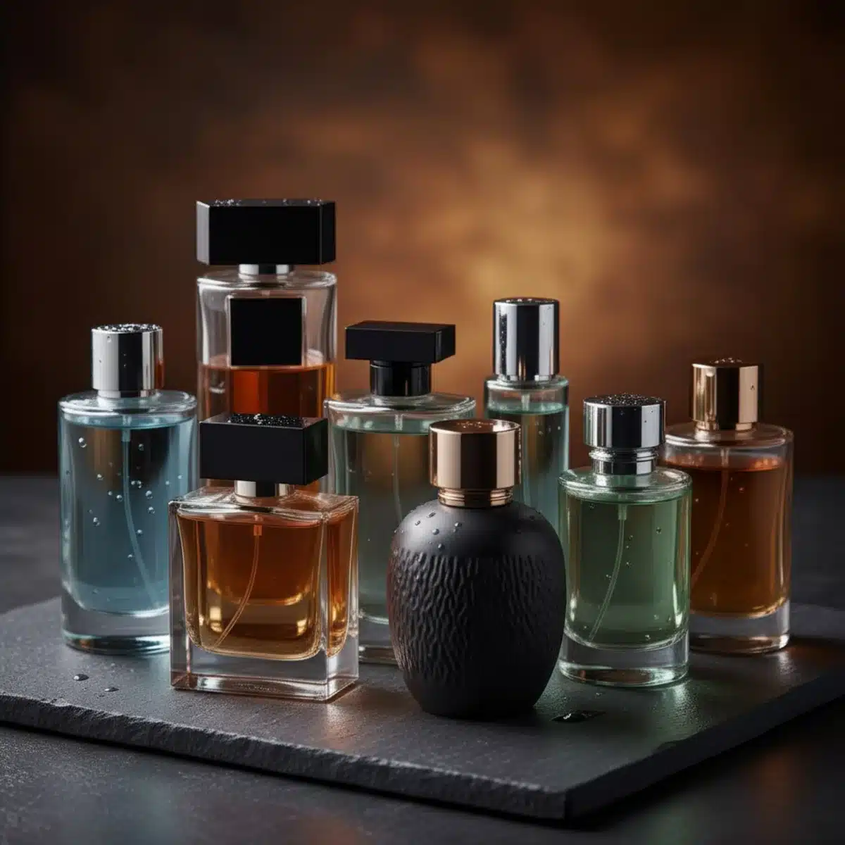 Auswahl eleganter Männerparfümflakons auf dunklem Hintergrund, bereit zur Entdeckung.