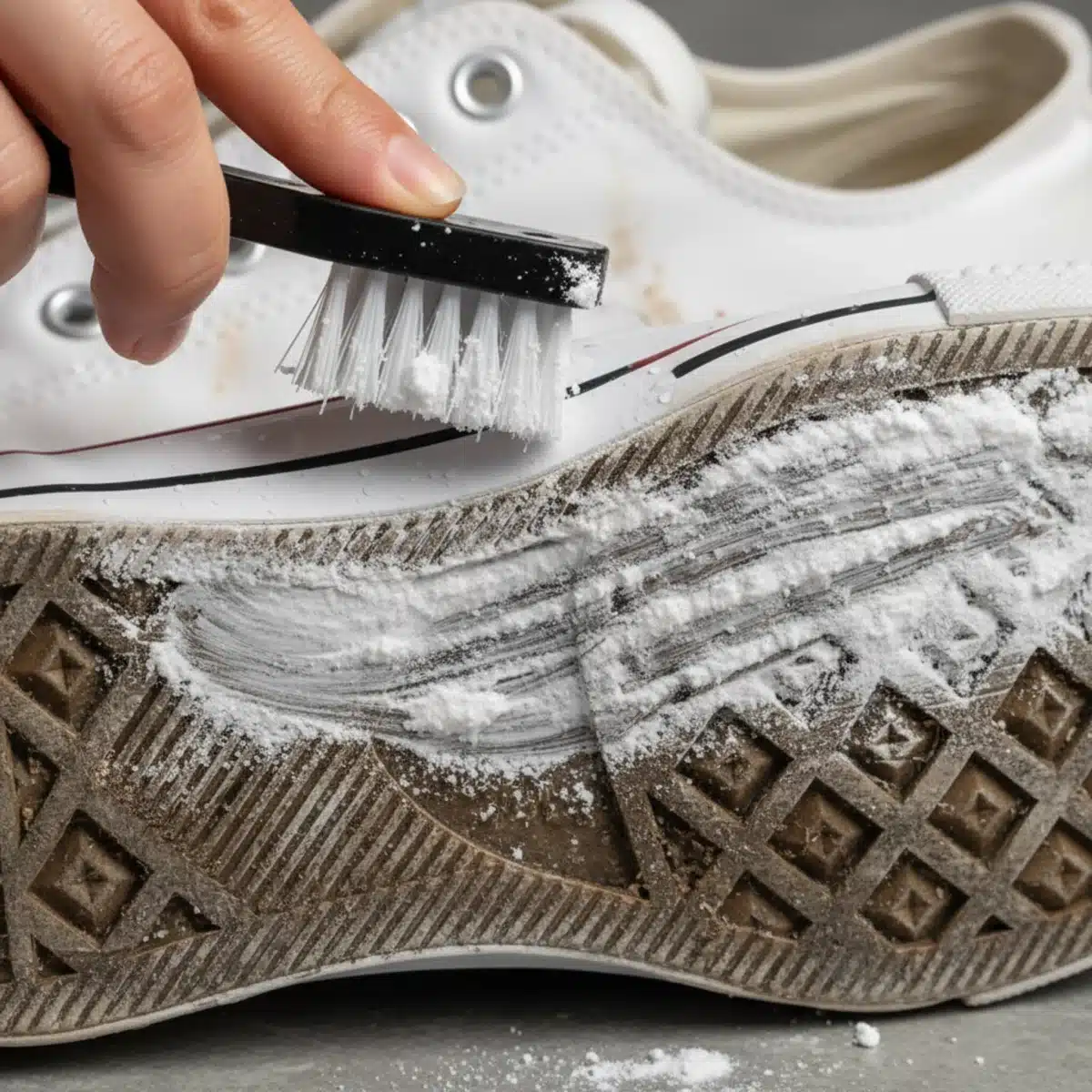 Nahaufnahme einer Hand, die Backpulverpaste auf eine Sneaker-Sohle aufträgt, um hartnäckigen Schmutz zu entfernen.