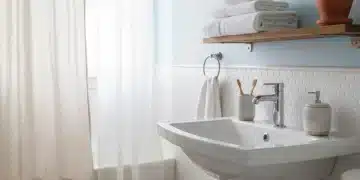 Ein frisch renoviertes Badezimmer mit hellblauen Wänden, weißen Handtüchern und Pflanzen, das eine kostengünstige Verwandlung zeigt.