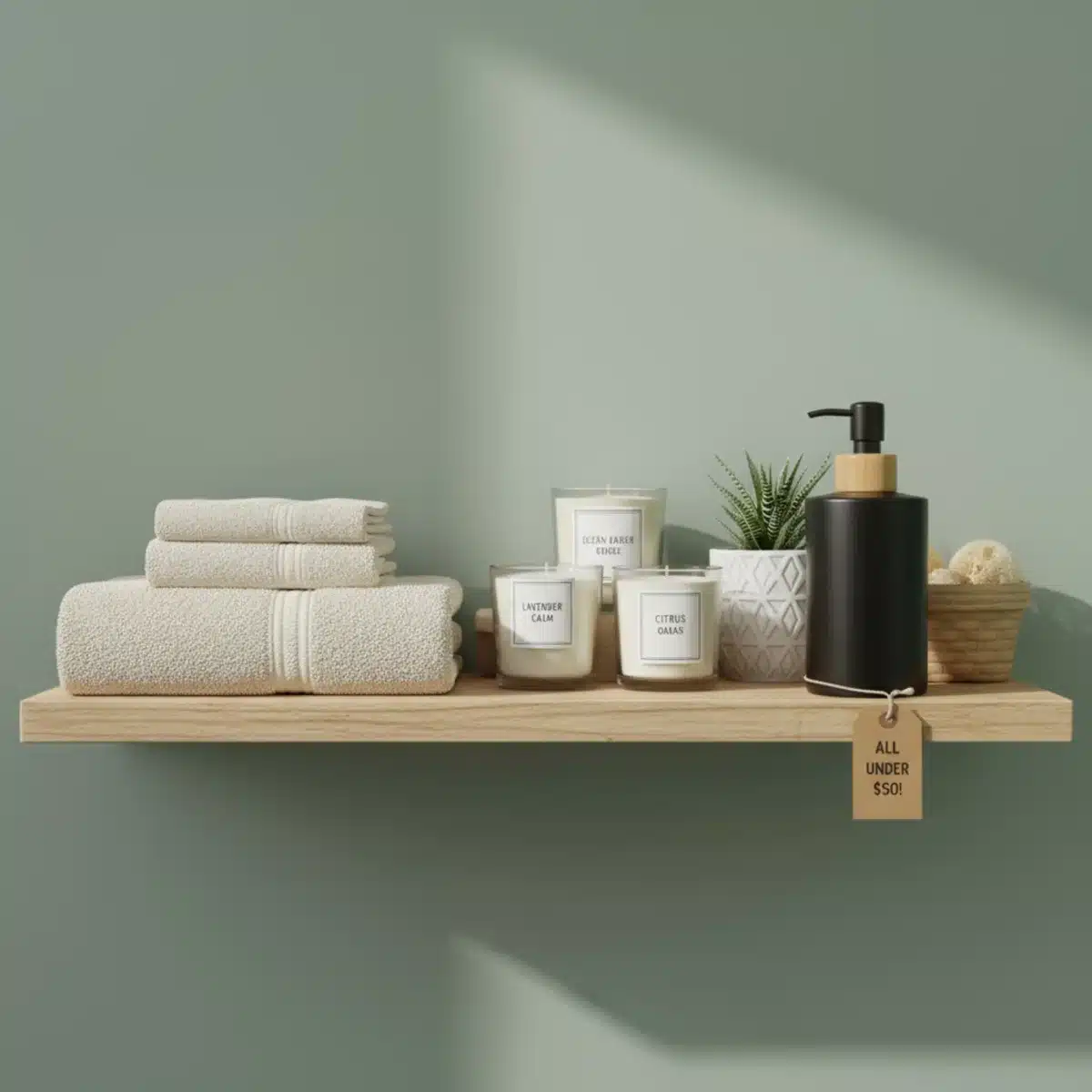 Nahaufnahme eines Badezimmerregals mit ordentlich gefalteten Handtüchern, Kerzen und Pflanzen, die eine gemütliche Atmosphäre schaffen.