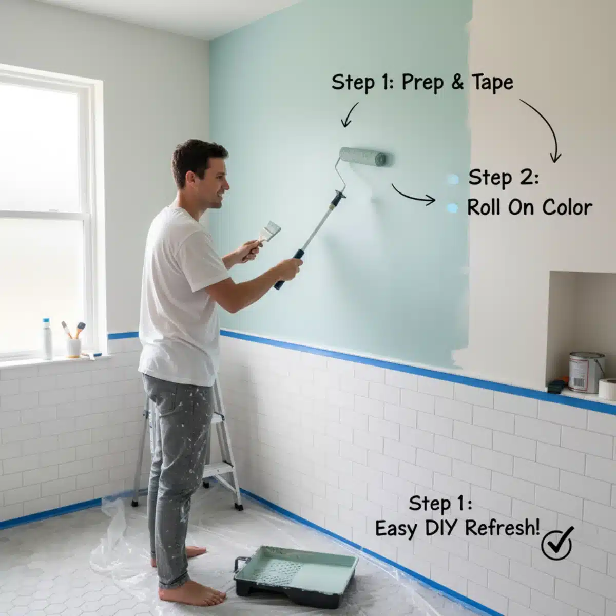 Eine Person streicht eine Badezimmerwand mit einer Rolle, was einfache DIY-Schritte für eine Badezimmerauffrischung darstellt.