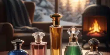 Die 5 besten Parfüms für den Winter 2025: Langanhaltende Düfte Fünf elegante Parfümflaschen vor einem winterlichen Hintergrund