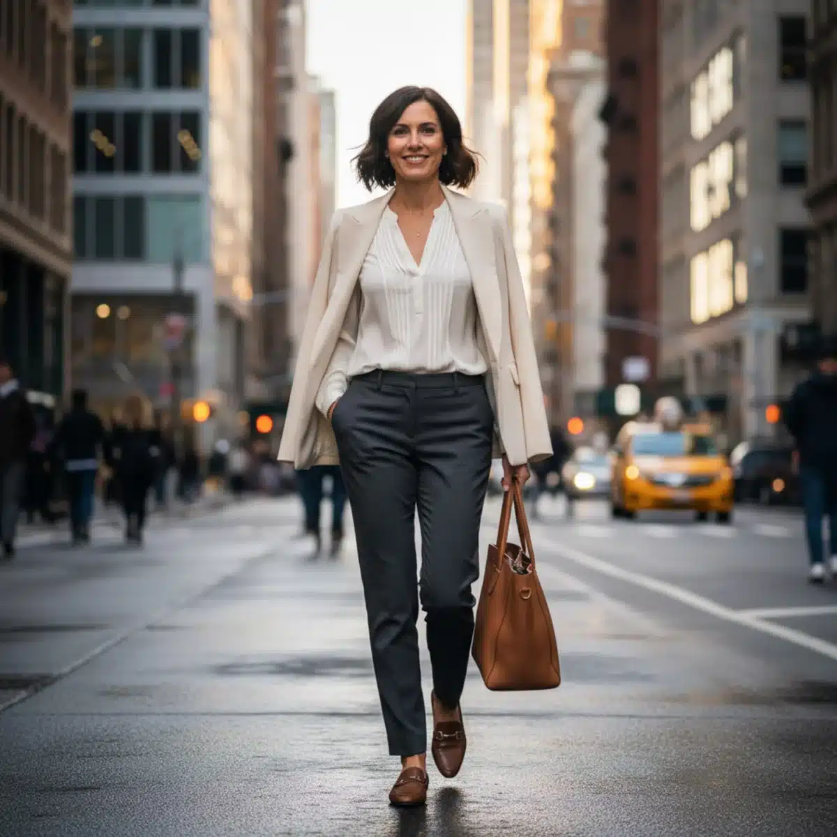 Eine Frau in Business-Casual-Kleidung mit stilvollen Loafers in einer Stadtumgebung.