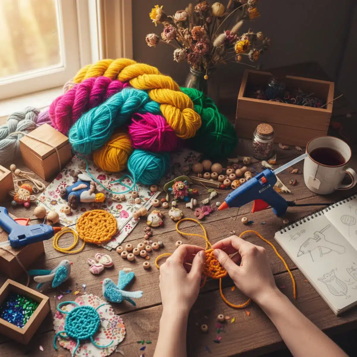 Bastelplatz mit verschiedenen Materialien für ein DIY-Projekt, das Kreativität und Handarbeit fördert.