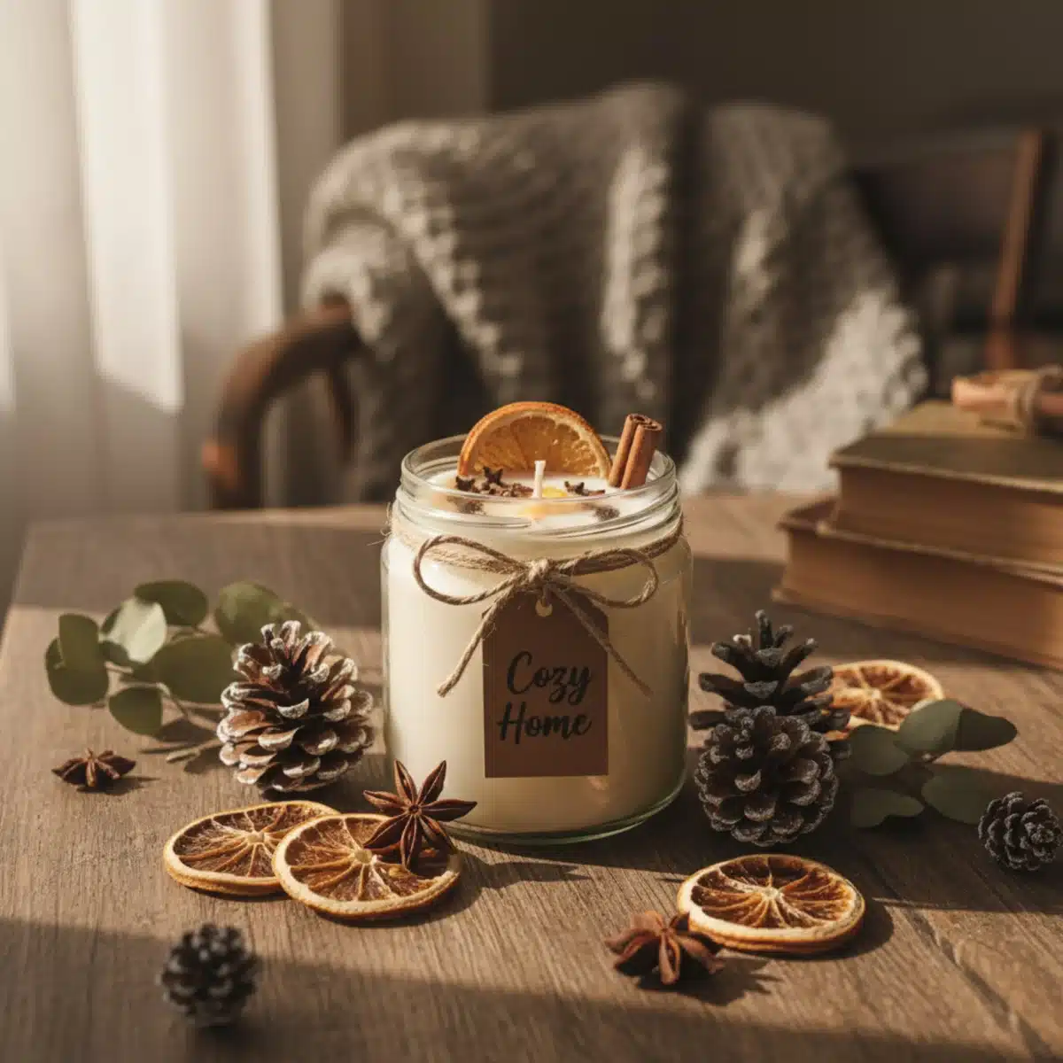 Selbstgemachte Duftkerze mit natürlichen Dekorationen