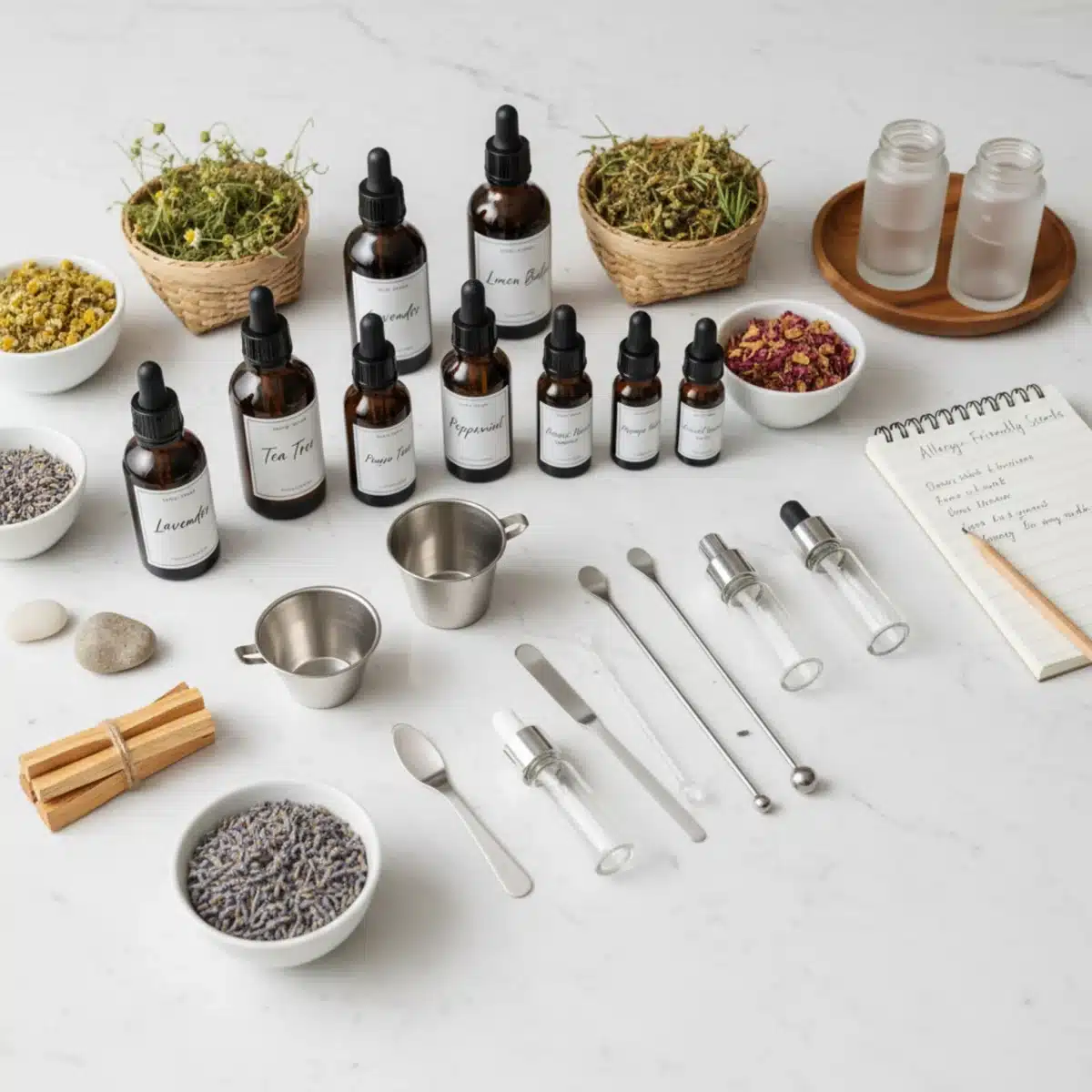 Eine Auswahl an ätherischen Ölen, Kräutern und Mischwerkzeugen für DIY-Parfüms.