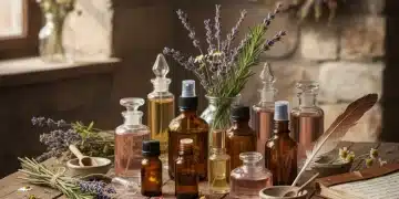 Parfüm selber machen: Individuelle Düfte einfach kreieren Zutaten für selbstgemachtes Parfüm: Ätherische Öle, getrocknete Blumen und leere Flakons auf einem Holztisch.