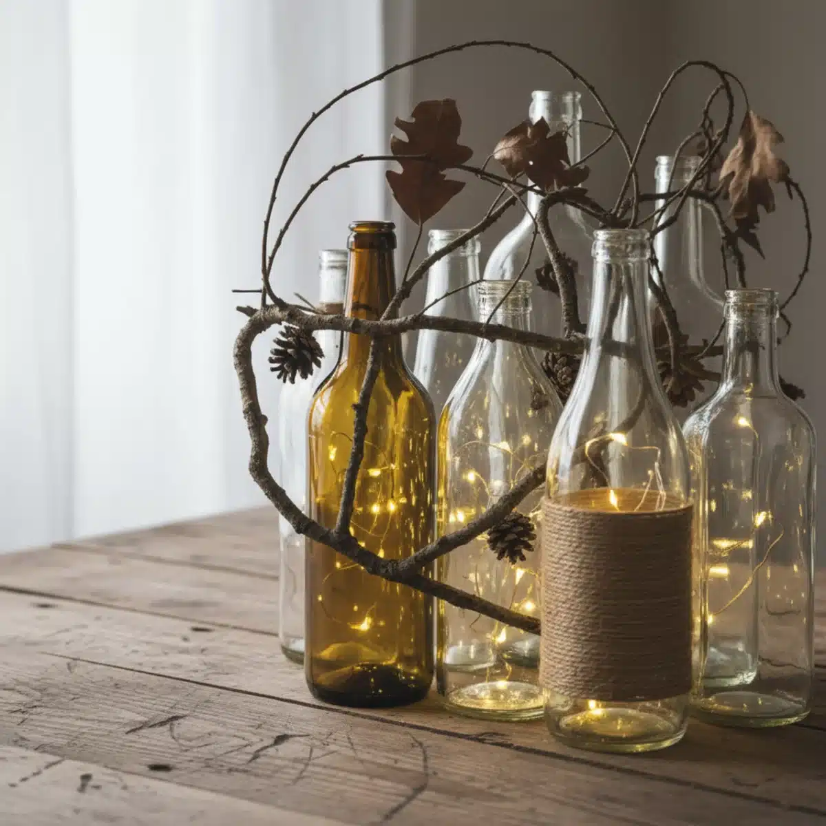 Nahaufnahme eines DIY-Tischschmucks aus recycelten Glasflaschen und Naturmaterialien.