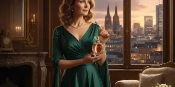 Elegante Frau über 40 mit einem Parfümflakon in einer luxuriösen Umgebung