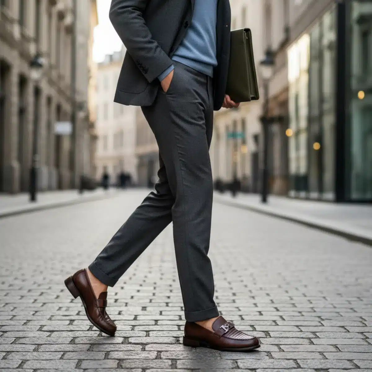 Mann trägt elegante Leder-Loafer auf einer städtischen Straße.