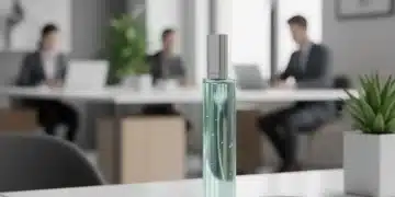 Elegantes Parfümflakon auf einem modernen Bürotisch, symbolisiert dezente Düfte im Arbeitsalltag.