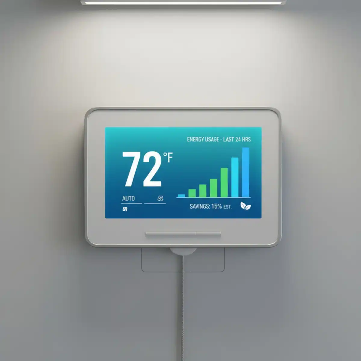 Intelligenter Thermostat an der Wand zeigt Energieeffizienz und Temperaturregelung.