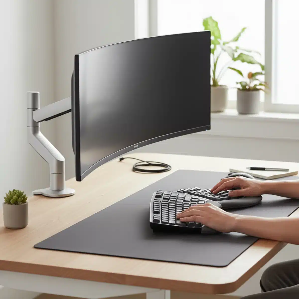 Ergonomische Arbeitsplatzeinrichtung mit höhenverstellbarem Schreibtisch