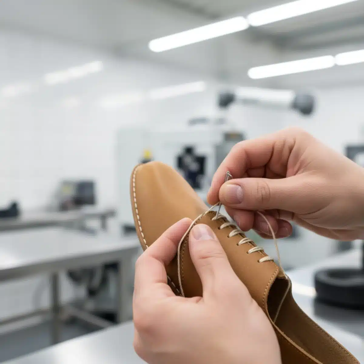 Nahaufnahme von Händen, die einen Schuh aus pflanzlichem Leder in einer fairen Produktionsstätte nähen.