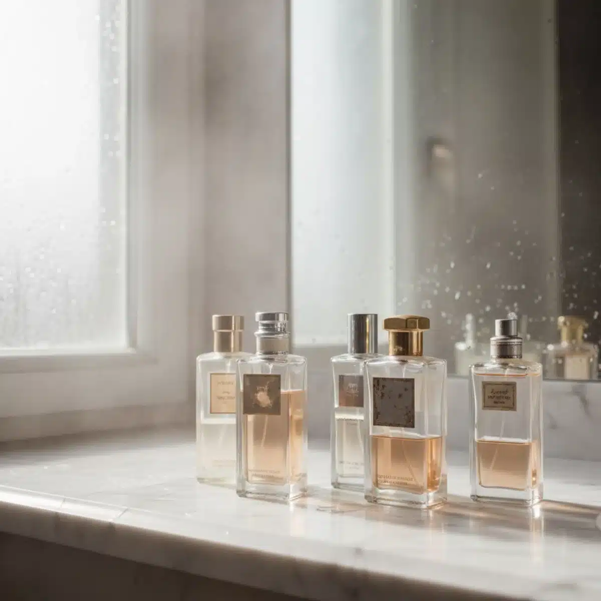 Parfümflaschen auf einem hellen Badezimmerregal, direkter Sonneneinstrahlung ausgesetzt