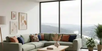 Modernes Wohnzimmer mit sanften Grüntönen und warmen Akzenten, die Farbtrends 2025 widerspiegeln.