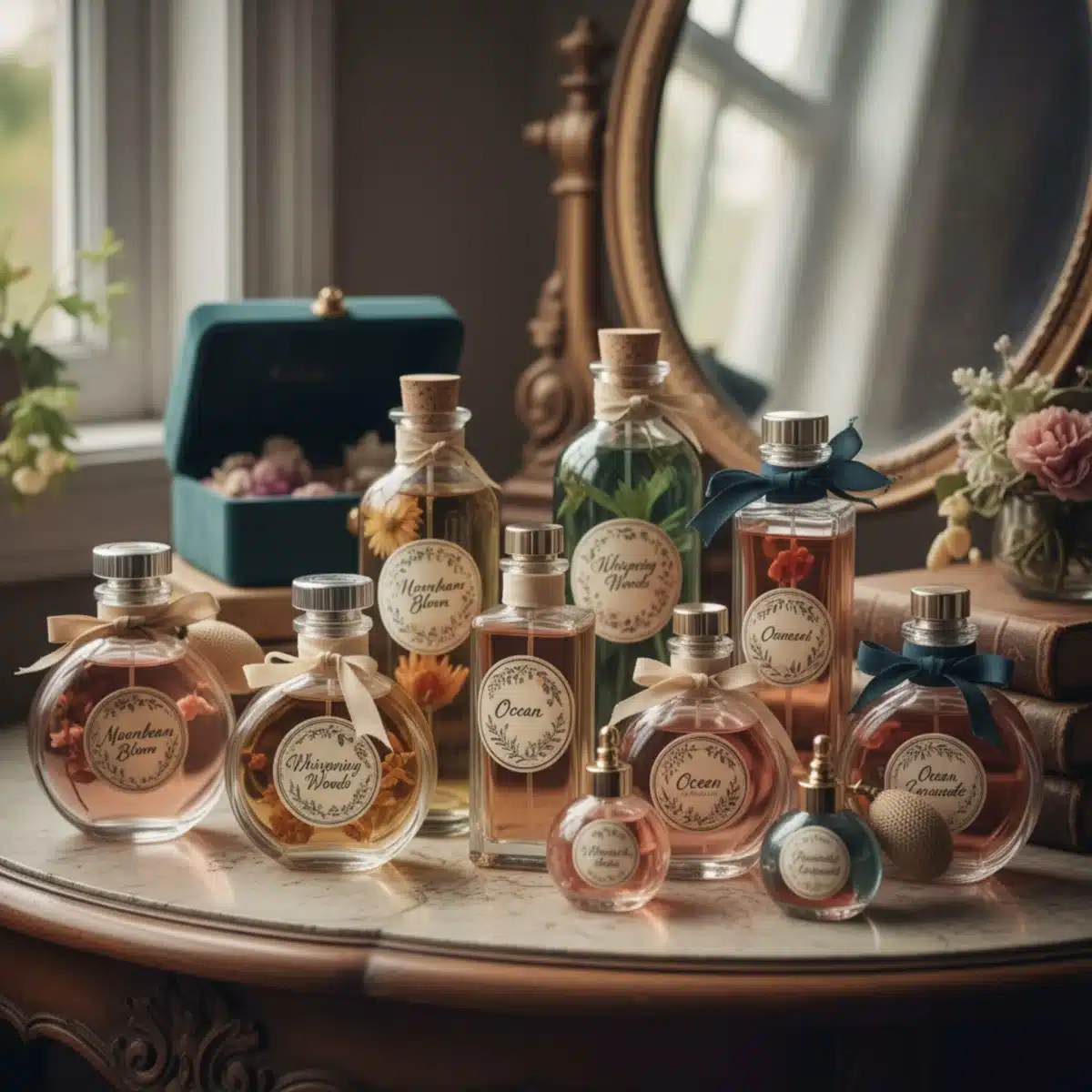 Fertige, individuell etikettierte Parfümflaschen, selbstgemacht, auf einem Schminktisch präsentiert.
