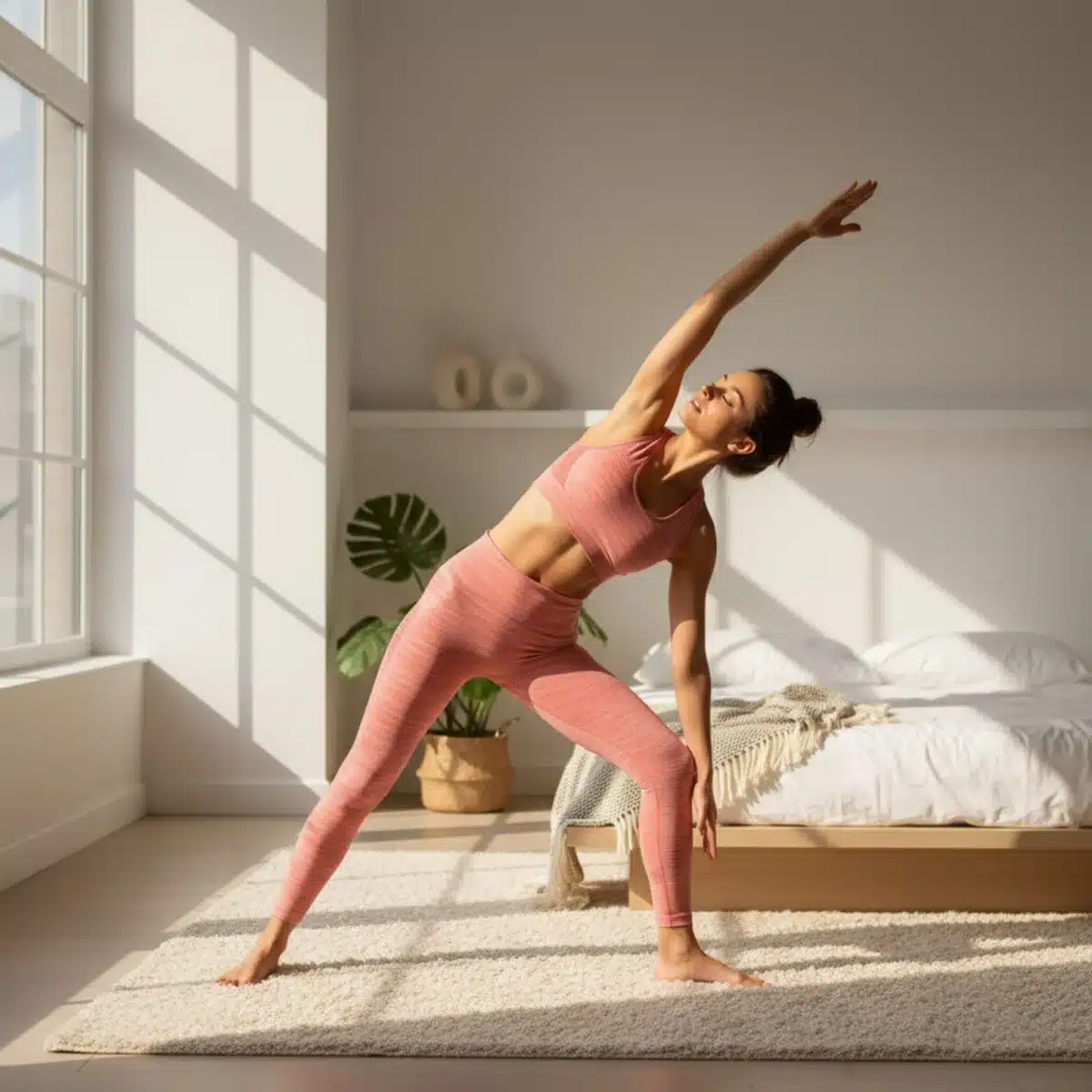 Junge Frau macht Yoga in bequemer SHEIN Sportbekleidung zu Hause.