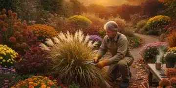 Gärtner bereitet den Garten auf den Winter vor, umgeben von Herbstlaub und Pflanzen