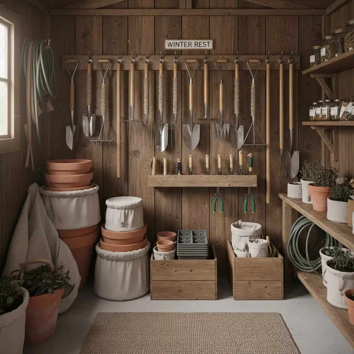 Gartengeräte sind ordentlich im Schuppen für den Winter verstaut und gereinigt.