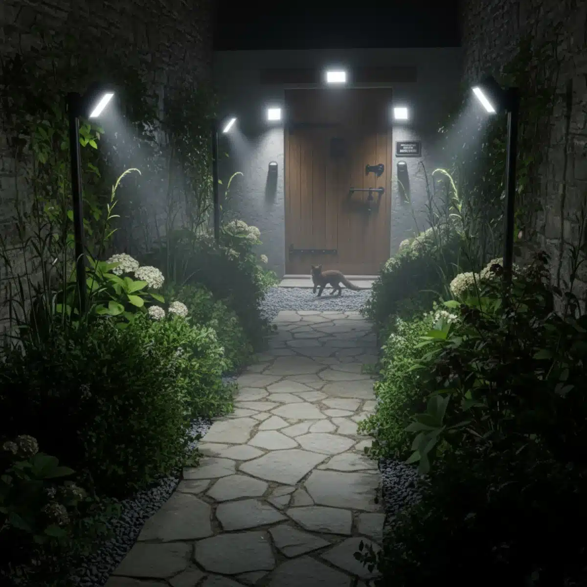 Gut beleuchteter Gartenweg bei Nacht mit Bewegungsmelderleuchten, der zu einer gesicherten Hintertür führt, als Abschreckung für Einbrecher.