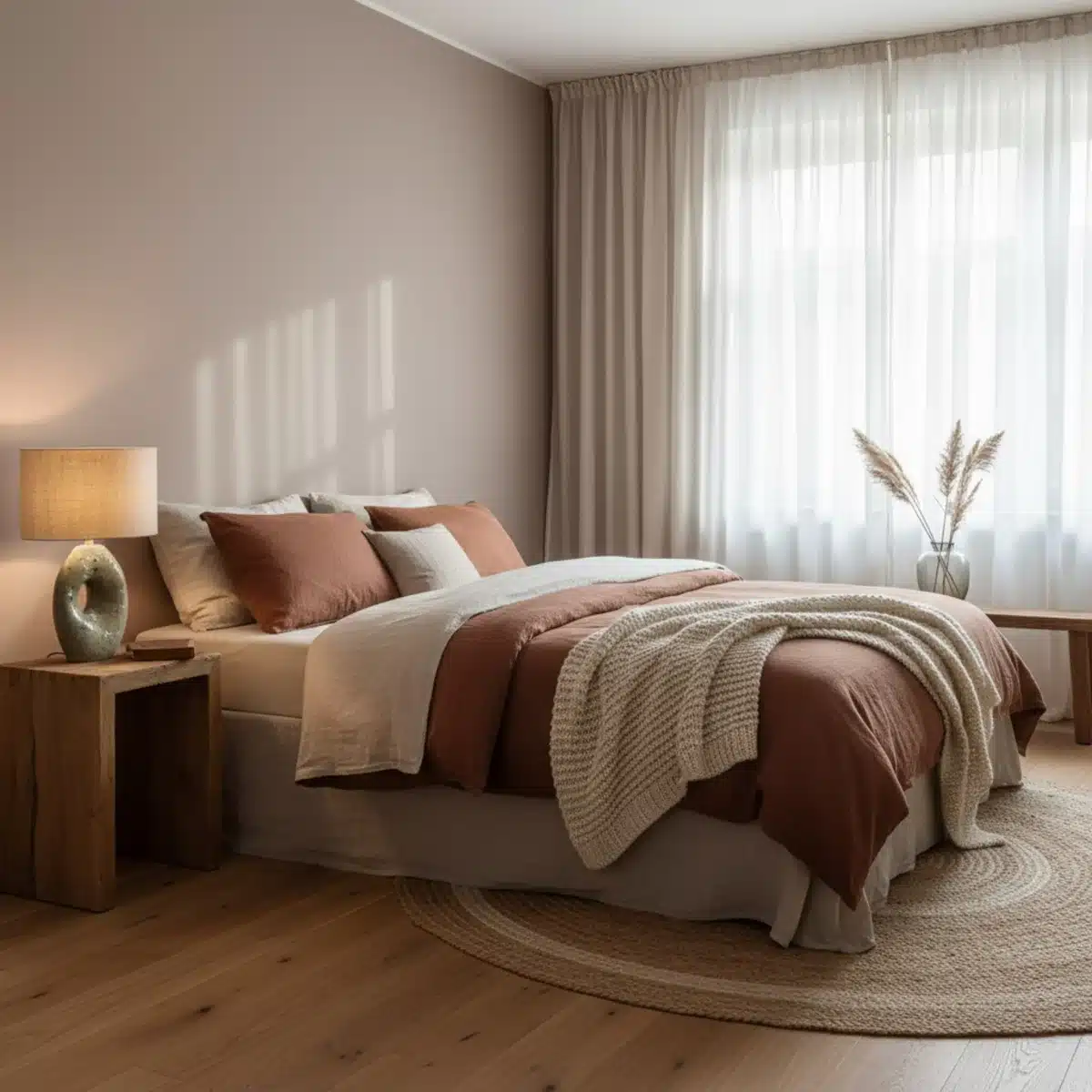 Gemütliches Schlafzimmer mit Naturmaterialien und erdigen Farbtönen