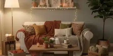 Einladendes Wohnzimmer mit weichem Licht, Textilien und preiswerten Dekorationen