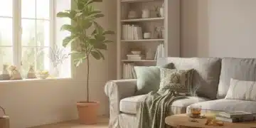 Gemütliches Wohnzimmer mit natürlichen Schädlingsabwehrmitteln und Sonnenlicht, symbolisiert chemiefreie Schädlingsbekämpfung.